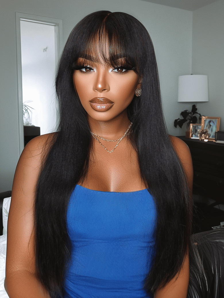 Sunber Yaki Straight Human Hair Glueless Wig with Blunt Cut Bangs Natural Black Color Flash Sale