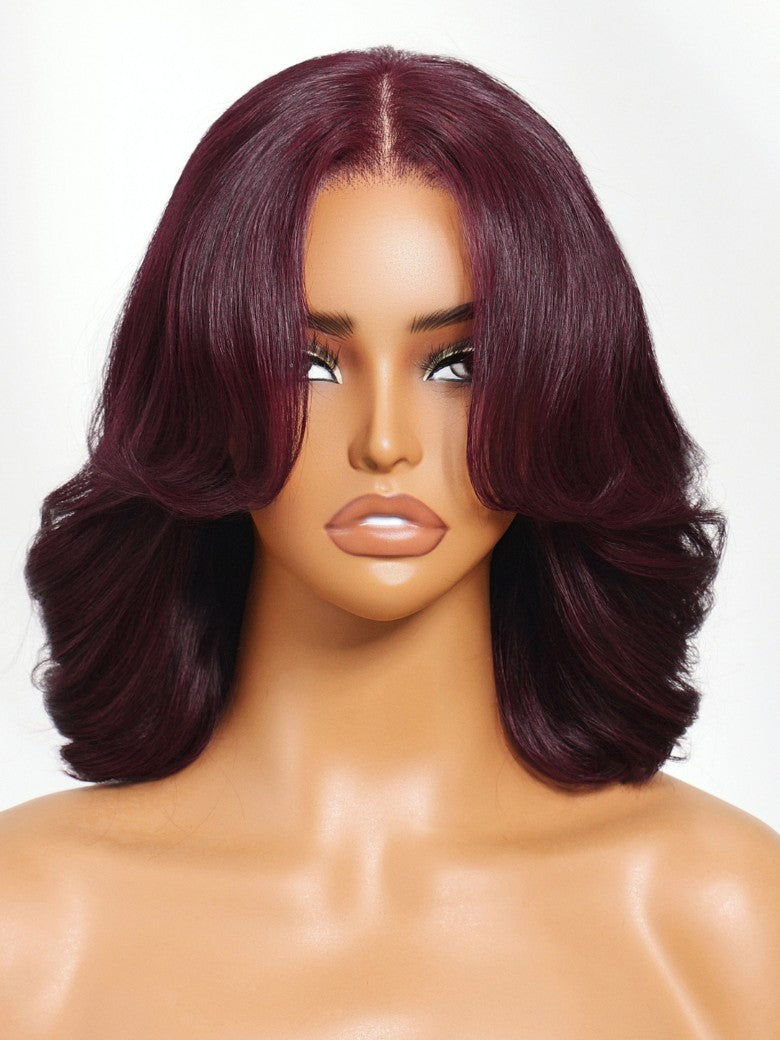 Sunber Purple Black Cherry Wispy Blow Out 7x5 Pre Cut Lace Loose Wave Bob Wig With Invisi Drawstring