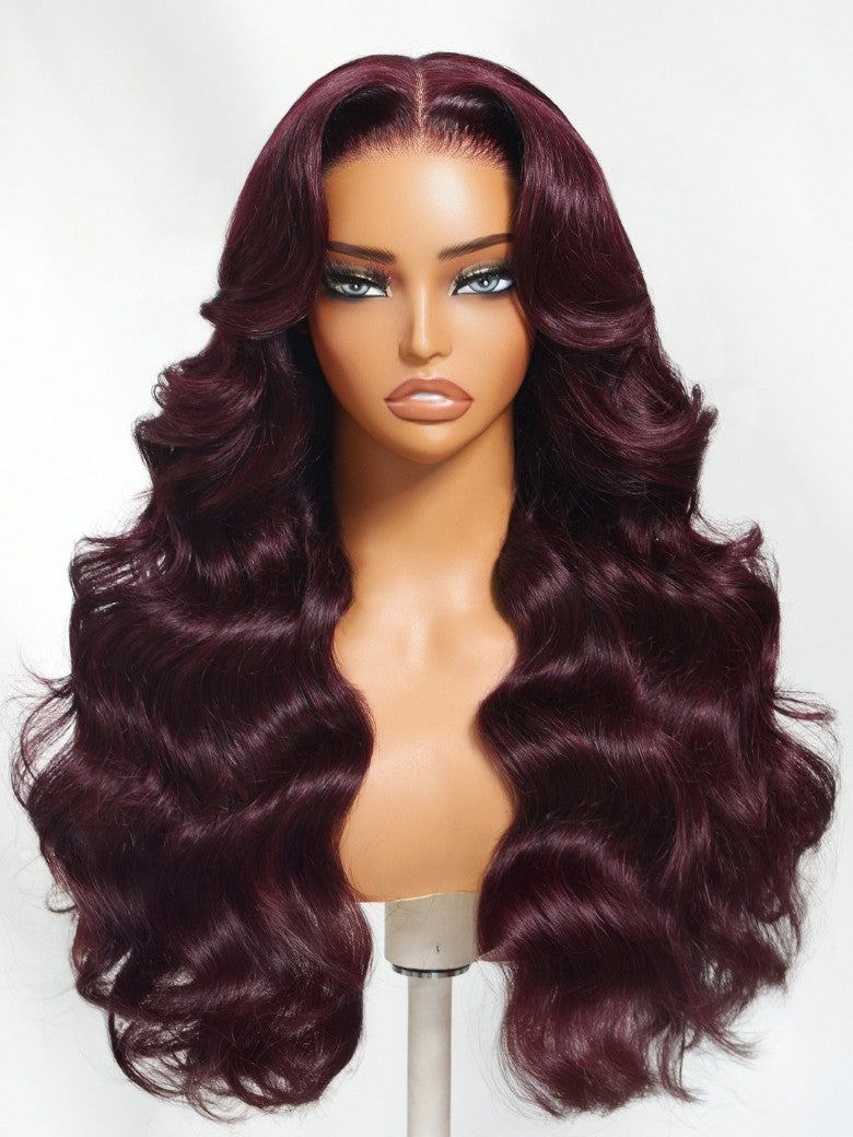 Sunber Purple Black Cherry Wispy Blow Out 7x5 Pre Cut Lace Loose Wave Bob Wig With Invisi Drawstring