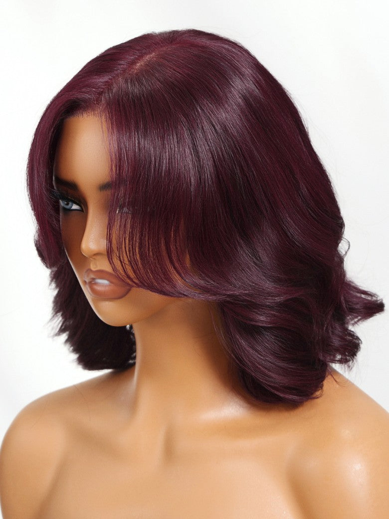 Sunber Purple Black Cherry Wispy Blow Out 7x5 Pre Cut Lace Loose Wave Bob Wig With Invisi Drawstring