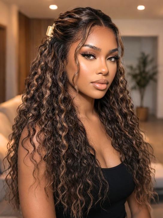 Sunber Golden Brown Highlights 7x5 Bye Bye Knots Water Wave Lace Closure Wig With Pre Bleached Tiny Knots