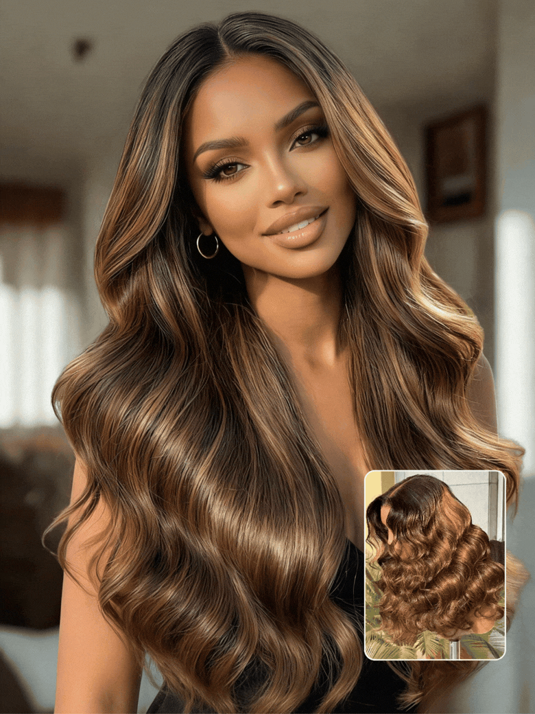 Sunber 7x5 Pre Cut Balayage Highlight Body Wave Lace Wigs With Invisi Drawstring