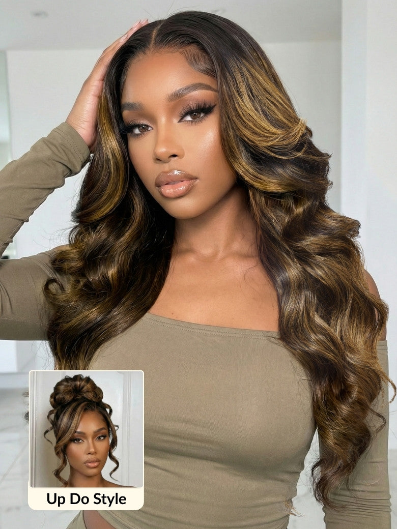 Sunber 7x5 Pre Cut Balayage Highlight Body Wave Lace Wigs With Invisi Drawstring
