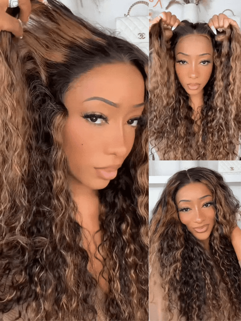 Sunber Golden Brown Highlights 7x5 Bye Bye Knots Water Wave Lace Closure Wig With Pre Bleached Tiny Knots