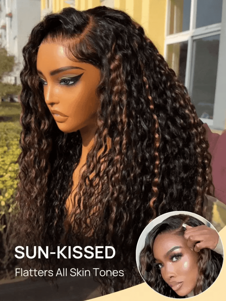 Sunber Golden Brown Highlights 7x5 Bye Bye Knots Water Wave Lace Closure Wig With Pre Bleached Tiny Knots